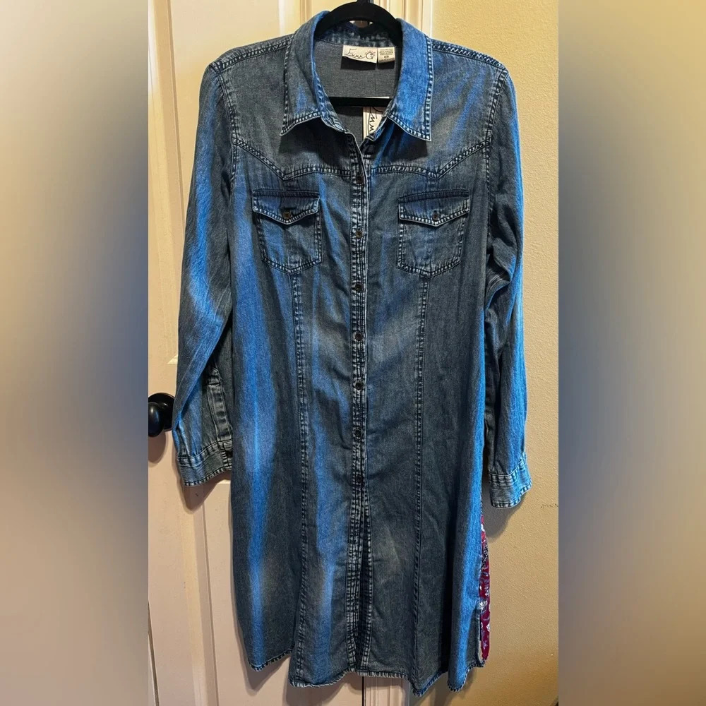 Emma G Denim Front Print Back Button Down Jean Dress Chest Pockets Sz M